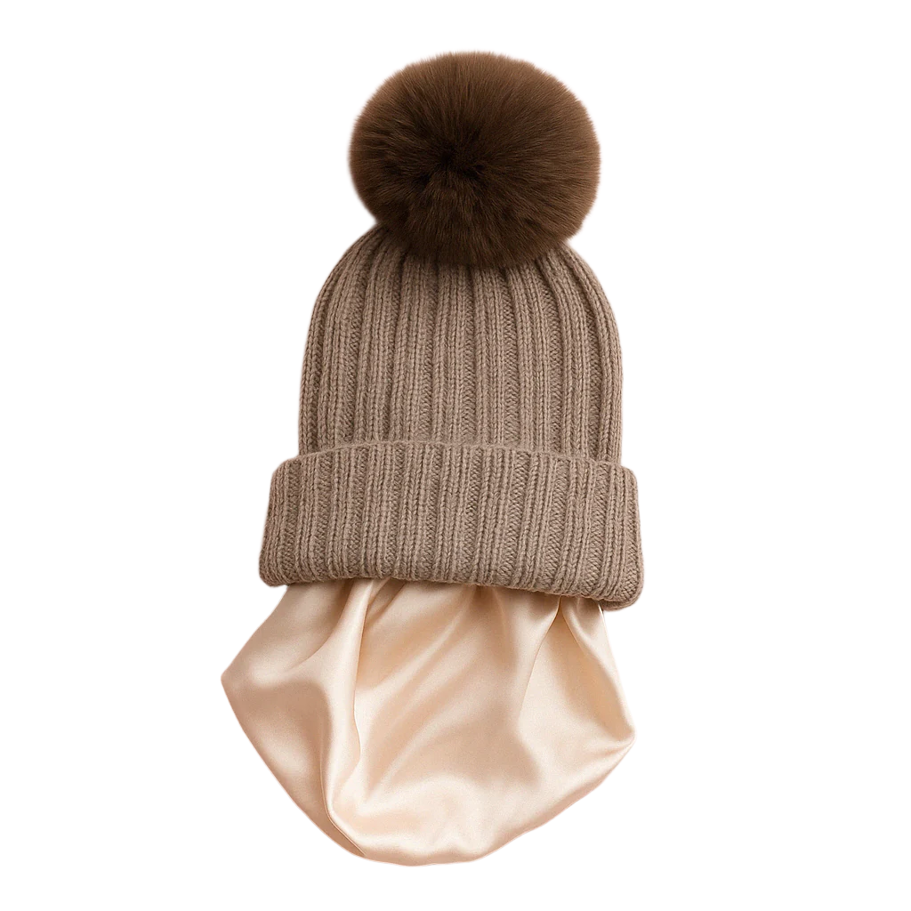 Brown Satin Lined Cashmere Beanie Hat (Kids)