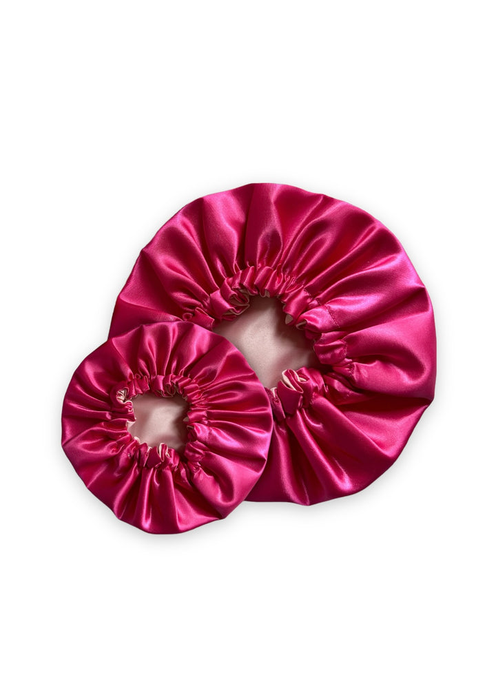 Mummy & Me Pink Reversible Satin Hair Bonnet Set