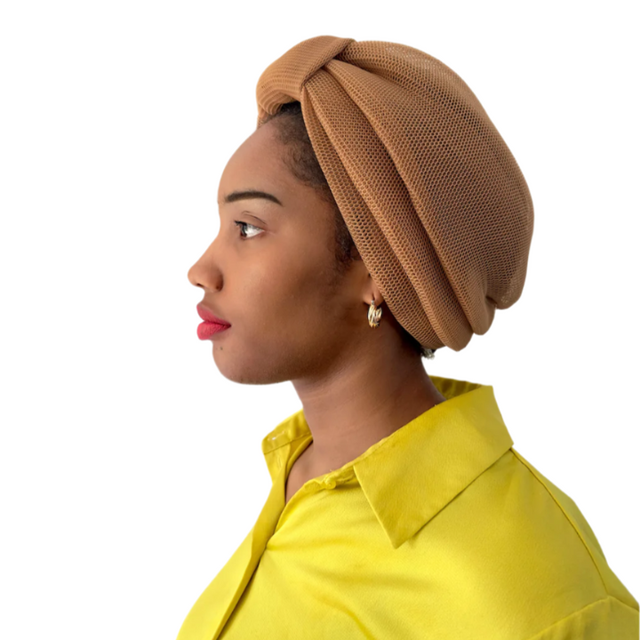 Tan Silk Lined Mesh Turban