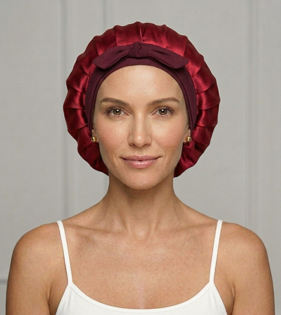 Mulberry Silk Double Layer Hair Bonnet for Hair Protection Burgundy