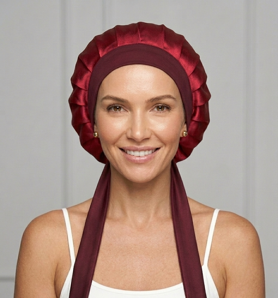 Mulberry Silk Double Layer Hair Bonnet for Hair Protection Burgundy